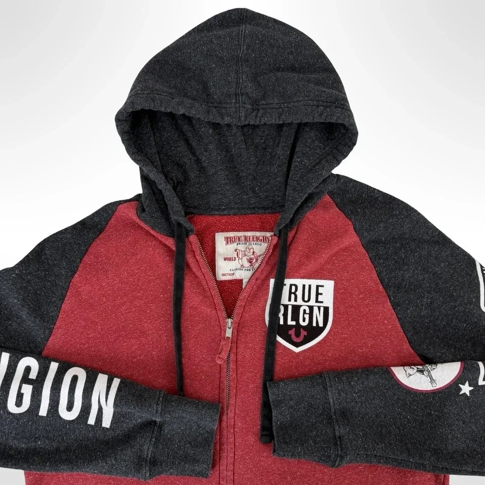 True Religion Hoodie Men's XL Red Black Full Zip Graphic Logo Fleece
